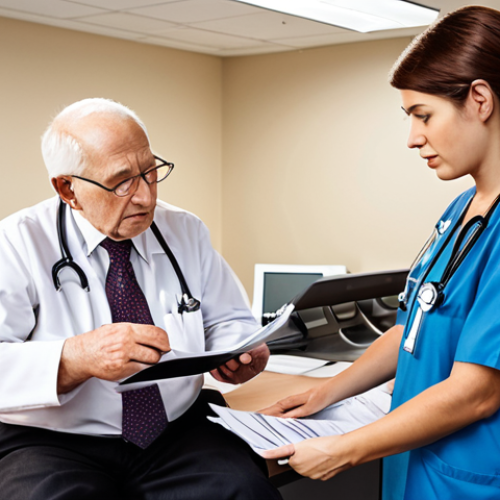 Home 11 **
A bustling healthcare office scene. A friendly health manager, dressed professionally, is comforting a worried elderly patient while reviewing insurance paperwork. In the background, staff members are efficiently handling administrative tasks amidst modern medical equipment. Focus on conveying empathy, efficiency, and a technologically advanced yet caring environment.
**