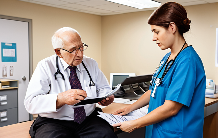 **
A bustling healthcare office scene. A friendly health manager, dressed professionally, is comforting a worried elderly patient while reviewing insurance paperwork. In the background, staff members are efficiently handling administrative tasks amidst modern medical equipment. Focus on conveying empathy, efficiency, and a technologically advanced yet caring environment.
**