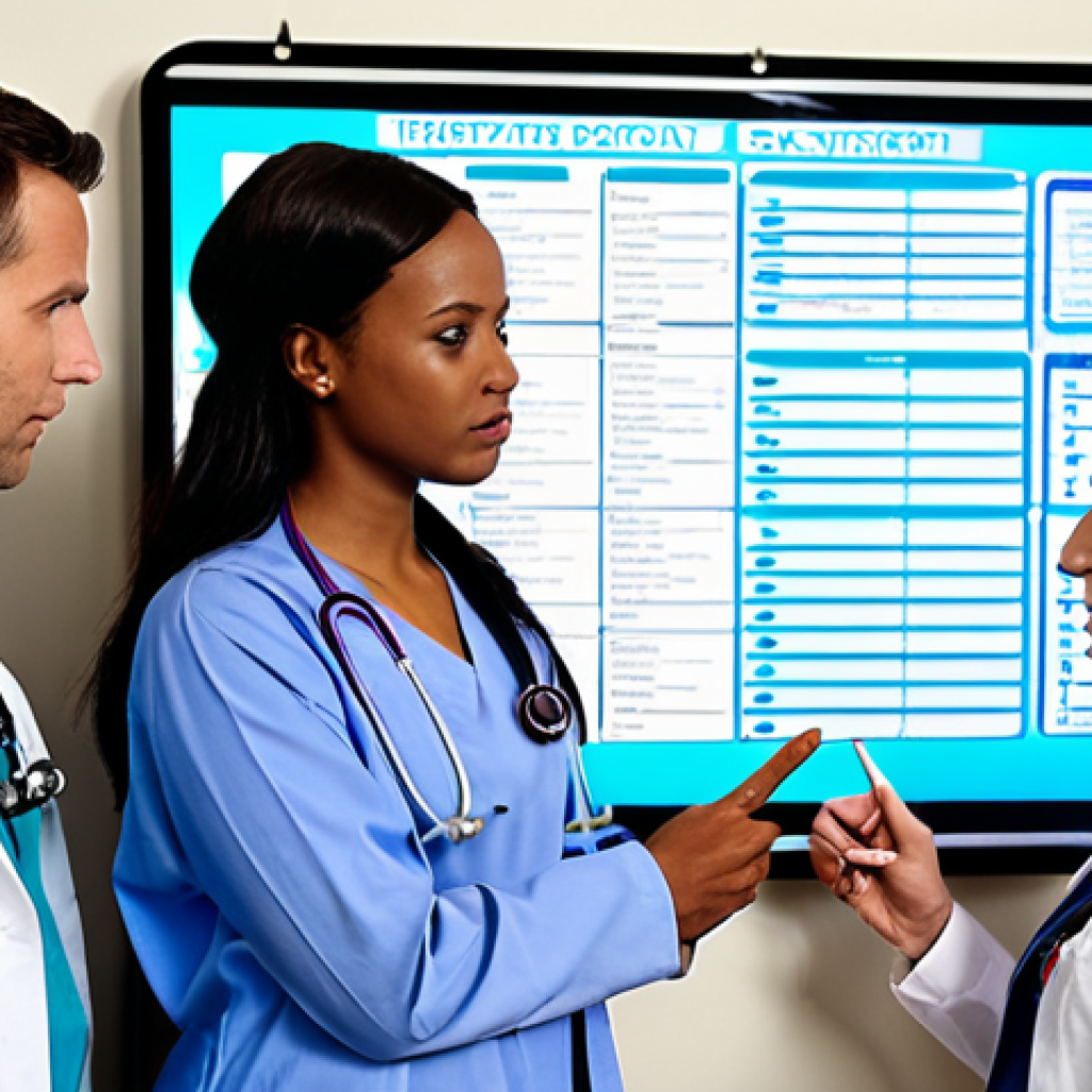 **

A diverse team of healthcare professionals (nurses, doctors, assistants) gathered around a brightly lit "Huddle Board" in a modern hospital setting. The board displays patient statuses, pending tasks represented by icons, and a section for "Potential Challenges." The team is actively engaged, some pointing at the board, others taking notes. The overall atmosphere is collaborative and focused.

**