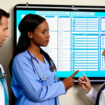 **

A diverse team of healthcare professionals (nurses, doctors, assistants) gathered around a brightly lit "Huddle Board" in a modern hospital setting. The board displays patient statuses, pending tasks represented by icons, and a section for "Potential Challenges." The team is actively engaged, some pointing at the board, others taking notes. The overall atmosphere is collaborative and focused.

**
