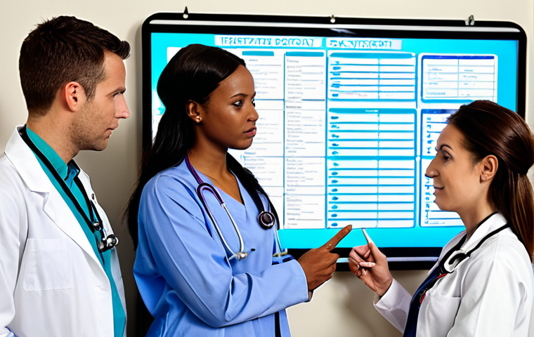 **
A diverse team of healthcare professionals (nurses, doctors, assistants) gathered around a brightly lit "Huddle Board" in a modern hospital setting. The board displays patient statuses, pending tasks represented by icons, and a section for "Potential Challenges." The team is actively engaged, some pointing at the board, others taking notes. The overall atmosphere is collaborative and focused.
**