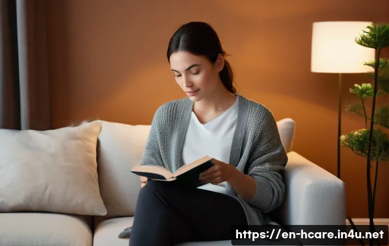 건강관리사 업무 스트레스 관리 방법 - **Prompt: Peaceful Evening Disconnection**
    A female healthcare professional, appearing to be in ...