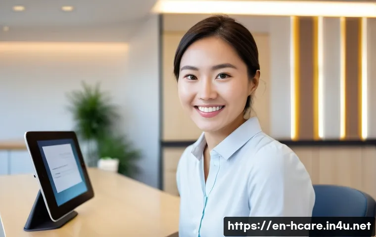 건강관리사 업무에서 사용하는 소프트웨어 - **A Diverse Patient Engaging with Digital Scheduling**
    Detailed prompt: "A young, smiling woman ...