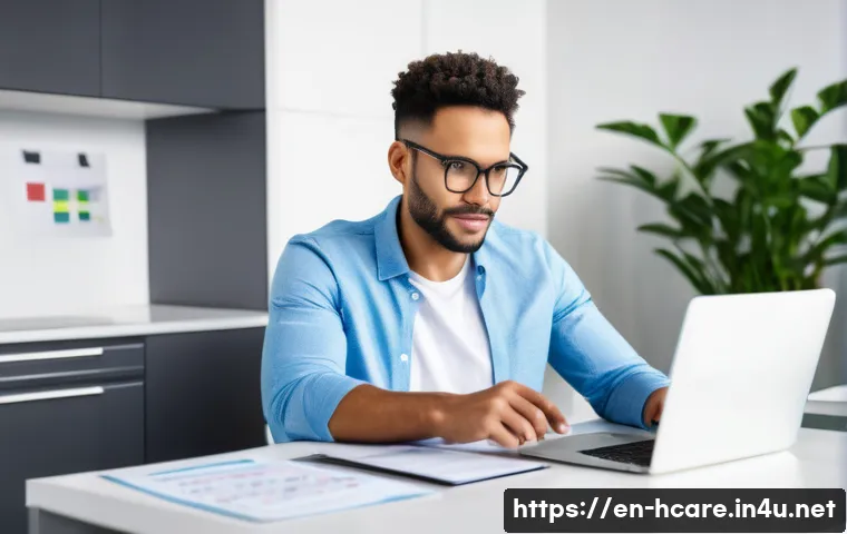 건강관리사 자격증 만료 시 재갱신 방법 - A professional health coach sitting at a modern desk in a bright home office, focused on a laptop sc...