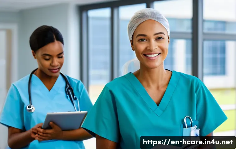 건강관리사 직무별 연봉 비교 - A diverse group of healthcare professionals in a modern hospital setting: a personal care aide in sc...